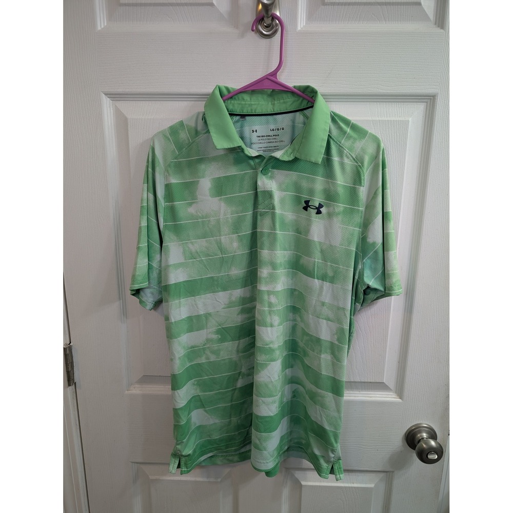 Under Armour Iso-Chill Polo Mens Green‎ Stripe Tie Dye Golf Shirt - Size L